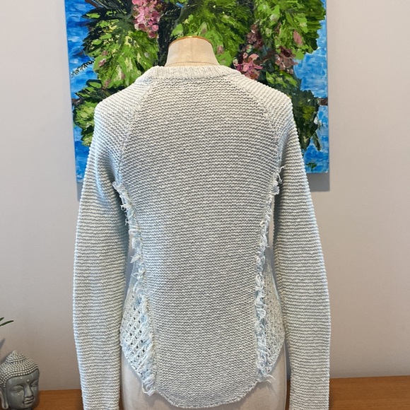 Kismet seafoam green crochet scoop neck sweater w/ princess fringe& Shirtail. S - Picture 6 of 8